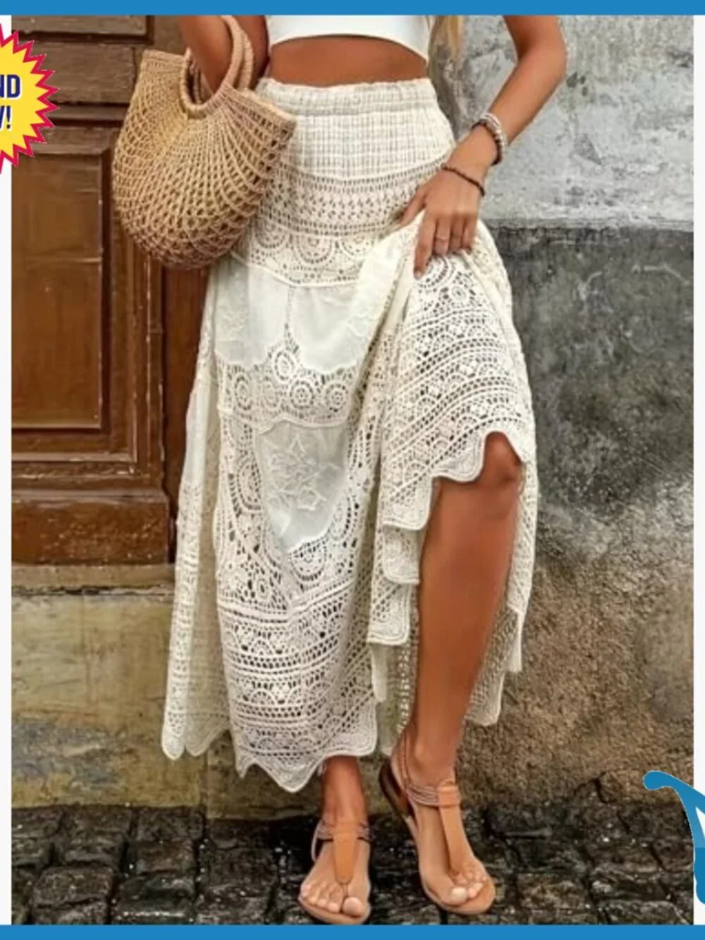 Crochet Maxi Skirt High Waist A-Line Floral Eyelet Lace Beach Cover Up - Picture 6 of 7